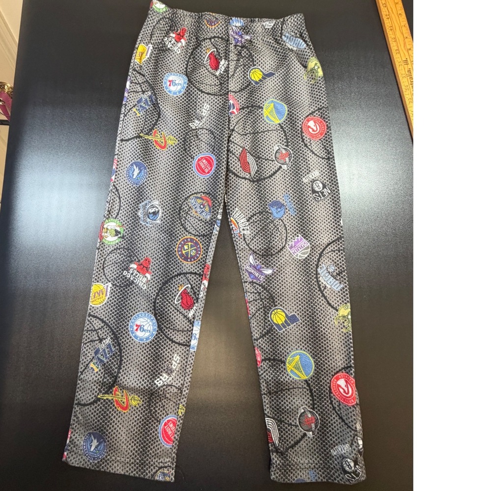 NBA Kids Pajama Pants Grey All Over Team Logo Print Sleepwear Size Med 10/12 K11